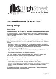 High Street Insurance Brokers Limited Privacy Policy